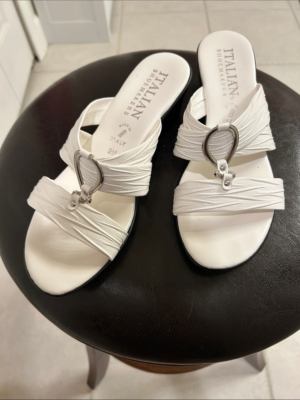 Italian Shoemakers White Slide Sandals with Silver Ring Accent